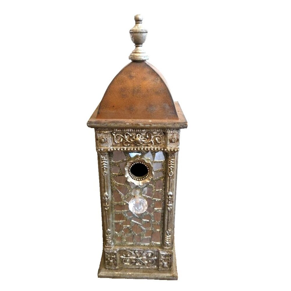17" Vintage-looking Ornate Wooden Birdhouse Mirrored Rustic Romantic Bling